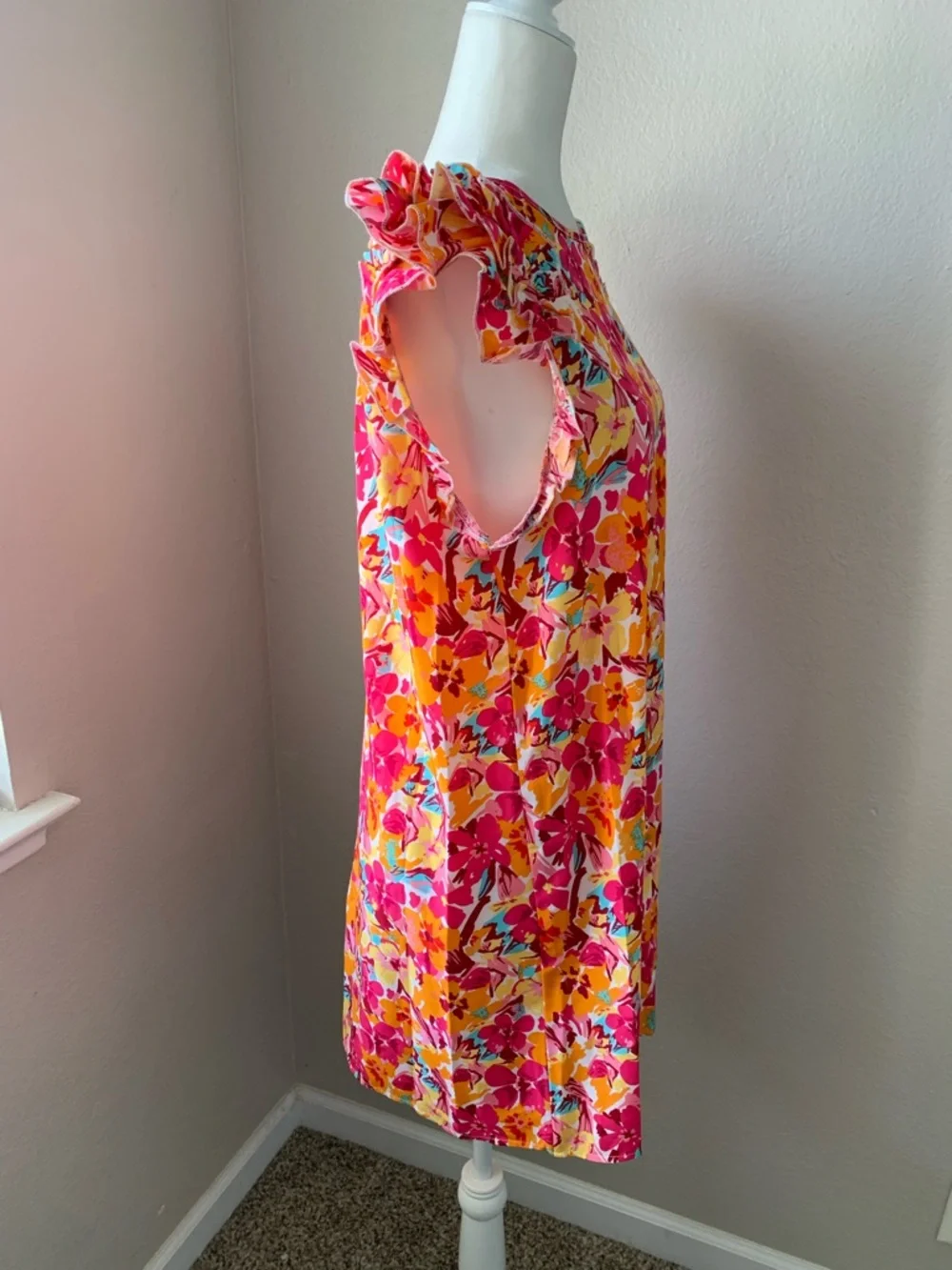 SHEIN Pink & Yellow Floral Ruffle Sleeve Casual Dress - Picture 3 of 6
